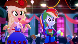 Size: 1280x720 | Tagged: safe, derpibooru import, screencap, applejack, rainbow dash, scribble dee, eqg summertime shorts, equestria girls, raise this roof, bare shoulders, belt, clothes, cowboy hat, cute, cutie mark, cutie mark on clothes, dashabetes, duo, duo female, duo focus, fall formal outfits, female, hands behind back, hat, jackabetes, open mouth, sleeveless, smiling, strapless