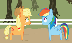 Size: 1996x1184 | Tagged: safe, artist:prismborealisdash, derpibooru import, applejack, rainbow dash, earth pony, pegasus, pony, applejack's hat, clothes, cowboy hat, duo, female, fence, freckles, hat, mare, tree