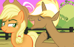 Size: 889x563 | Tagged: safe, artist:prismborealisdash, derpibooru import, applejack, trenderhoof, earth pony, pony, unicorn, applejack's hat, clothes, cowboy hat, duo, eyes closed, female, fence, hat, male, mare, shipping, stallion, straight, sweet apple acres, trenderjack