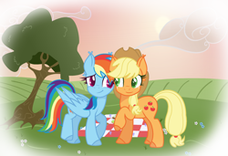 Size: 2176x1488 | Tagged: safe, artist:prismborealisdash, artist:taybarbases, derpibooru import, applejack, rainbow dash, earth pony, pegasus, pony, appledash, applejack's hat, base used, clothes, cloud, cowboy hat, duo, female, freckles, hat, lesbian, looking at each other, mare, picnic blanket, raised hoof, raised leg, shipping, sky, tree