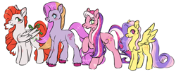 Size: 1202x492 | Tagged: safe, artist:polymercorgi, derpibooru import, paradise, sunny rays, earth pony, pony, unicorn, g1, g2, g4, dazzle surprise, g1 to g4, g2 to g4, g3 ro g4, generation leap, muse (g2), simple background, white background