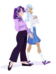 Size: 778x1024 | Tagged: safe, artist:viviana;ruyz, derpibooru import, starlight glimmer, trixie, human, blushing, clothes, female, flats, holding hands, humanized, lesbian, light skin, mary janes, ponytail, shipping, shoes, skirt, socks, startrix, sweater, tan skin