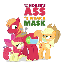 Size: 1200x1235 | Tagged: safe, artist:dm29, derpibooru import, apple bloom, applejack, big macintosh, earth pony, pony, butt, comments locked on derpi, coronavirus, covid-19, duckery in the comments, face mask, female, filly, graveyard of comments, male, mare, mask, plot, public service announcement, simple background, stallion, text, transparent background, trio, vulgar