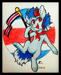 Size: 1280x1571 | Tagged: safe, artist:ariryuzaki, derpibooru import, earth pony, pony, bandana, costa rica, female, flag, flower, looking at you, nation ponies, open mouth, ponified, signature, traditional art