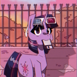 Size: 1000x1000 | Tagged: safe, artist:provolonepone, derpibooru import, twilight sparkle, unicorn twilight, pony, unicorn, 3d glasses, chromatic aberration, female, fence, floppy disk, mare, mouth hold, solo, tree