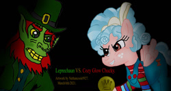 Size: 1280x685 | Tagged: safe, artist:nathancook0927, derpibooru import, cozy glow, pegasus, pony, black background, chucky, clothes, coin, duo, female, filly, green skin, hat, leprechaun, male, pink coat, simple background, smiling, spread wings, text, two toned mane, two toned tail, wings