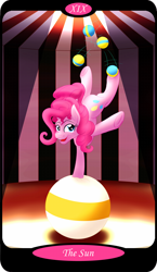 Size: 1500x2591 | Tagged: safe, artist:sixes&sevens, derpibooru import, part of a set, pinkie pie, earth pony, balancing, ball, circus tent, female, handstand, juggling, major arcana, solo, spotlight, tarot card, the sun, upside down