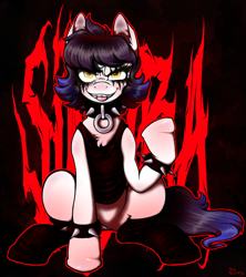 Size: 1720x1936 | Tagged: safe, artist:moon meister, derpibooru import, oc, oc:sindra, earth pony, clothes, collar, corpse paint, metal, solo, spiked collar, tanktop
