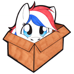 Size: 1757x1757 | Tagged: safe, artist:reskell492, derpibooru import, oc, oc only, oc:britannia (uk ponycon), pony, box, looking at you, mascot, pony in a box, simple background, solo, uk ponycon, white background