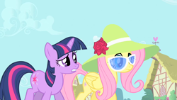 Size: 1280x720 | Tagged: safe, derpibooru import, screencap, fluttershy, twilight sparkle, unicorn twilight, pegasus, unicorn, green isn't your color, duo, female, hat, mare, sunglasses