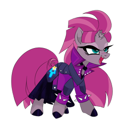 Size: 1386x1366 | Tagged: safe, artist:greensdc, derpibooru import, oc, oc only, oc:terara, pony, unicorn, armor, broken horn, choker, clothes, corset, female, horn, jacket, leather jacket, mare, open mouth, scar, simple background, skirt, solo, transparent background, unshorn fetlocks