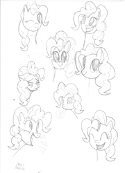 Size: 2520x3506 | Tagged: safe, artist:mrkat7214, derpibooru import, pinkie pie, earth pony, pony, :p, dilated pupils, grin, monochrome, one eye closed, party horn, sketch, sketch dump, smiling, solo, tired, tongue, tongue out, traditional art, wink