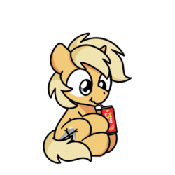 Size: 500x500 | Tagged: safe, artist:sugar morning, derpibooru import, part of a set, oc, oc only, oc:sunlight bolt, pegasus, pony, unicorn, animated, bepis, can, chibi, cute, drinking, frame by frame, gif, male, simple background, sitting, soda can, solo, stallion, sugar morning's snacc and drincc, transparent background