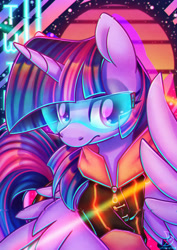 Size: 1600x2264 | Tagged: safe, artist:musicfirewind, derpibooru import, twilight sparkle, twilight sparkle (alicorn), alicorn, pony, clothes, crossover, cyberpunk 2077, glasses