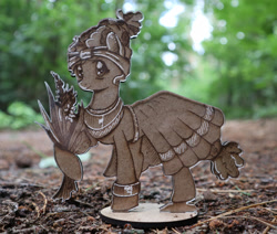 Size: 1024x868 | Tagged: safe, artist:themisto97, derpibooru import, meadowbrook, earth pony, pony, acrylic plastic, bangles, clothes, craft, dress, engraving, female, flower, forest, forest background, headband, jewelry, lasercut, mare, meadowcute, necklace, photo, smiling, solo, wood