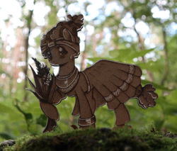 Size: 1024x874 | Tagged: safe, artist:themisto97, derpibooru import, meadowbrook, earth pony, pony, acrylic plastic, bangles, clothes, craft, dress, engraving, female, flower, forest, forest background, headband, jewelry, lasercut, mare, meadowcute, necklace, photo, smiling, solo, wood