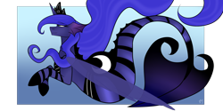 Size: 2952x1476 | Tagged: safe, artist:selcix, derpibooru import, princess luna, alicorn, merpony, pony, seapony (g4), blue background, blue eyes, crepuscular rays, crown, dorsal fin, female, fish tail, flowing mane, flowing tail, horn, jewelry, ocean, regalia, seaponified, seapony luna, simple background, smiling, solo, species swap, swimming, tail, transparent background, underwater, water