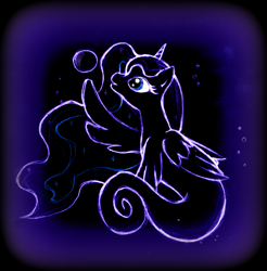 Size: 879x894 | Tagged: safe, artist:diuqil, derpibooru import, princess luna, alicorn, pony, sea pony, blue background, blue eyes, crown, dorsal fin, ethereal mane, eyelashes, female, fish tail, flowing mane, horn, jewelry, looking up, open mouth, regalia, seaponified, seapony luna, simple background, smiling, solo, sparkles, species swap, starry mane, tail, underwater, water, wings