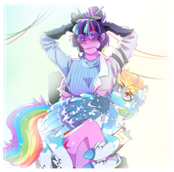 Size: 2010x1980 | Tagged: safe, artist:aaa-its-spook, derpibooru import, rainbow dash, twilight sparkle, pegasus, pony, equestria girls, abstract background, alternate design, alternate hairstyle, arm behind head, behaving like a cat, blaze (coat marking), breasts, chest fluff, clipboard, clothes, coat markings, cute, cutie mark, cutie mark on equestria girl, cutie mark on human, dashabetes, ear fluff, ears, female, fluffy, glasses, gloves, goggles, hoof fluff, lab coat, latex, latex gloves, lesbian, looking at each other, mare, neck fluff, pencil, round glasses, shipping, sitting, sitting on lap, sweater, turtleneck, twidash, wing fluff, wings