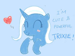 Size: 1280x960 | Tagged: safe, artist:foxy1219, derpibooru import, trixie, pony, unicorn, blue background, blushing, bust, cute, diatrixes, ears, eyes closed, female, floppy ears, great and powerful, heart, mare, simple background, smiling, solo