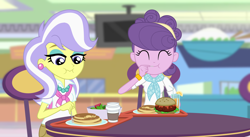 Size: 1550x850 | Tagged: safe, alternate version, artist:lightning_musicwave, derpibooru import, suri polomare, upper crust, equestria girls, bracelet, burger, canterlot mall, clothes, coffee, cute, ear piercing, earring, eating, eyes closed, food, fork, jewelry, juice, necklace, pancakes, piercing, salad, suribetes