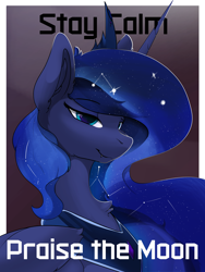 Size: 2650x3520 | Tagged: safe, artist:therealf1rebird, derpibooru import, princess luna, alicorn, pony, fangs, female, horn, looking at you, mare, solo, stars, wings