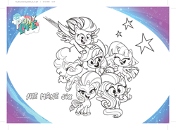 Size: 3875x2847 | Tagged: safe, derpibooru import, part of a set, applejack, fluttershy, pinkie pie, rainbow dash, rarity, twilight sparkle, twilight sparkle (alicorn), alicorn, earth pony, pegasus, pony, unicorn, my little pony: pony life, activity sheet, coloring page, mane six, my little pony logo, official