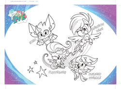 Size: 3875x2847 | Tagged: safe, derpibooru import, part of a set, echo (pony life), fluttershy, rainbow dash, twilight sparkle, twilight sparkle (alicorn), alicorn, pegasus, pony, my little pony: pony life, spoiler:pony life s02, activity sheet, coloring page, my little pony logo, official, wild siders