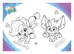 Size: 3875x2847 | Tagged: safe, derpibooru import, part of a set, applejack, echo (pony life), earth pony, pony, my little pony: pony life, spoiler:pony life s02, activity sheet, coloring page, my little pony logo, official, wild siders