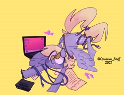 Size: 1408x1080 | Tagged: safe, artist:opossum-stuff, derpibooru import, derpy hooves, pegasus, pony, cable, computer, derp, laptop computer, modem, router, solo, spread wings, tangled up, tongue, tongue out, wings