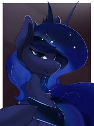 Size: 2635x3500 | Tagged: safe, alternate version, artist:therealf1rebird, derpibooru import, princess luna, alicorn, pony, constellation, ethereal mane, fangs, female, horn, looking at you, mare, solo, starry mane, stars, wings