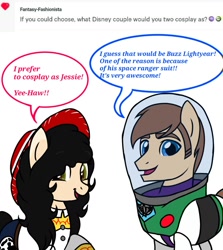 Size: 1200x1344 | Tagged: safe, artist:amgiwolf, derpibooru import, oc, oc only, oc:amgi, oc:applewolf, earth pony, pony, ask, buzz lightyear, clothes, cosplay, costume, dialogue, duo, earth pony oc, female, hat, male, mare, open mouth, smiling, stallion, toy story, woody