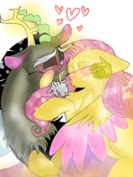 Size: 780x1040 | Tagged: safe, artist:cocolove2176, derpibooru import, discord, fluttershy, draconequus, pegasus, pony, abstract background, discoshy, eyelashes, eyes closed, female, heart, hug, male, mare, shipping, smiling, straight, wings