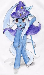 Size: 2343x3966 | Tagged: safe, artist:40kponyguy, derpibooru exclusive, derpibooru import, trixie, unicorn, bipedal, cape, chest fluff, clothes, cutie mark background, ear fluff, ears, female, hat, looking at you, mare, simple background, solo, traditional art, trixie's cape, trixie's hat