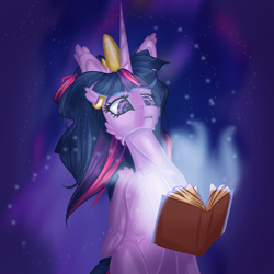 Size: 4000x4000 | Tagged: safe, artist:sugarypolecat, derpibooru import, twilight sparkle, twilight sparkle (alicorn), alicorn, pony, book, cheek fluff, crown, ear fluff, ears, horn, jewelry, magic, multicolored hair, purple eyes, regalia, solo, wings