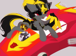 Size: 4500x3291 | Tagged: safe, artist:1fresita, derpibooru import, oc, pegasus, pony, bikini, car, clothes, female, hot rod, mare, solo, sunglasses, swimsuit, transformers, two toned wings, wings