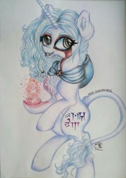 Size: 729x1024 | Tagged: safe, artist:maryhoovesfield, derpibooru import, oc, oc only, pony, unicorn, bipedal, braid, chest fluff, ear fluff, ears, eyelashes, fire, grin, horn, leonine tail, pyromancy, signature, smiling, solo, traditional art, unicorn oc