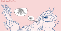 Size: 1280x648 | Tagged: safe, artist:stepandy, derpibooru import, discord, princess celestia, alicorn, draconequus, pony, unicorn, dislestia, female, male, male pregnancy, pregcord, pregnant, shipping, straight