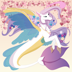 Size: 2000x2000 | Tagged: safe, artist:kalimoo-art, derpibooru import, oc, oc only, seapony (g4), blue eyes, clothes, collar, dorsal fin, eyelashes, female, fin wings, fins, fish tail, flower, flowing mane, flowing tail, heart, jewelry, necklace, pearl necklace, seashell, see-through, simple background, smiling, solo, tail, wings, yellow background