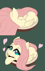 Size: 1280x2043 | Tagged: safe, artist:inkypuso, derpibooru import, fluttershy, pegasus, pony, curled up, cute, female, folded wings, heart, looking at you, looking up, lying down, mare, nap, pet bed, prone, shyabetes, sleeping, smiling, solo, wings