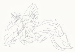Size: 2055x1419 | Tagged: safe, artist:creamecream, derpibooru import, princess celestia, queen novo, alicorn, classical hippogriff, hippogriff, pony, my little pony: the movie, beak, claws, collar, colored pupils, crown, feather, female, hoof shoes, horn, jewelry, lesbian, novolestia, regalia, shipping, simple background, smiling, sparkles, tail, traditional art, white background, wings