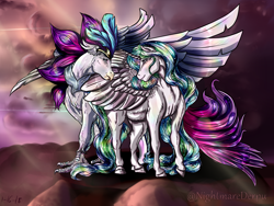 Size: 2000x1500 | Tagged: safe, artist:nightmarederpy, derpibooru import, princess celestia, queen novo, alicorn, classical hippogriff, hippogriff, pony, my little pony: the movie, beak, claws, collar, crepuscular rays, crown, ethereal mane, feather, female, flowing tail, horn, jewelry, lesbian, looking at each other, novolestia, regalia, shipping, sky, smiling, sparkles, spread wings, starry mane, sunlight, tail, wings