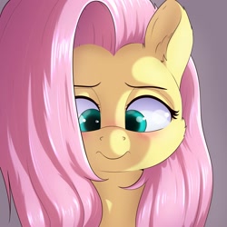 Size: 2000x2000 | Tagged: safe, artist:aquaticvibes, derpibooru import, fluttershy, pony, blushing, bust, cheek fluff, cute, ear fluff, ears, female, full face view, gray background, high res, looking down, mare, portrait, shyabetes, simple background, solo