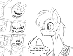 Size: 1072x825 | Tagged: artist needed, safe, derpy hooves, pony, 1984, black and white, deleted from derpibooru, dialogue, face mask, female, grayscale, image, mare, mask, masking, misspelling, mods, monochrome, op has an opinion, png, satire, simple background, sketch, solo, speech bubble, white background
