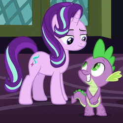 Size: 710x710 | Tagged: safe, edit, edited screencap, screencap, spike, starlight glimmer, dragon, pony, unicorn, a hearth's warming tail, adorasexy, bedroom eyes, cropped, cute, duo, female, horn, inverted mouth, looking at each other, male, mare, multicolored mane, multicolored tail, pink coat, sexy, shipping, smiling, sparlight, spikabetes, straight