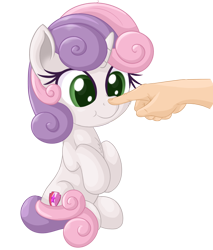 Size: 1492x1748 | Tagged: safe, artist:vito, sweetie belle, human, pony, unicorn, boop, chest fluff, cute, disembodied hand, female, filly, green eyes, hand, simple background, sitting, smiling, solo focus, transparent background, two toned mane, two toned tail, uniform, white coat