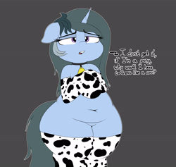 Size: 3168x3000 | Tagged: safe, artist:blitzyflair, oc, oc only, oc:blitzy flair, pony, unicorn, bell, belly button, bipedal, black background, chubby, clothes, collar, cowbell, cowprint, ears, female, floppy ears, gloves, lidded eyes, long gloves, mare, open mouth, plump, question, simple background, solo, stockings, thigh highs, wide hips