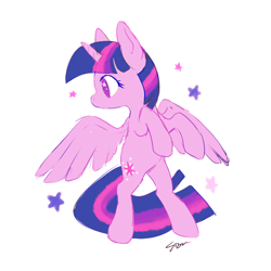 Size: 800x800 | Tagged: safe, artist:sion, derpibooru import, twilight sparkle, twilight sparkle (alicorn), alicorn, pony, bipedal, cute, female, mare, no pupils, profile, simple background, solo, starry eyes, stars, twiabetes, white background, wingding eyes