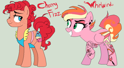 Size: 756x418 | Tagged: safe, artist:captainsnarkyninja, derpibooru import, oc, oc:cherry fizz, oc:whirlwind, earth pony, pegasus, earth pony oc, eyeshadow, looking at each other, magical lesbian spawn, makeup, offspring, parent:pinkie pie, parent:rainbow dash, parents:pinkiedash, pegasus oc, smiling