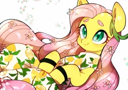 Size: 2480x1747 | Tagged: safe, artist:potetecyu_to, derpibooru import, fluttershy, pegasus, pony, clothes, cute, daaaaaaaaaaaw, dress, female, flower, food, kimono (clothing), lemon, lily (flower), mare, shyabetes, solo